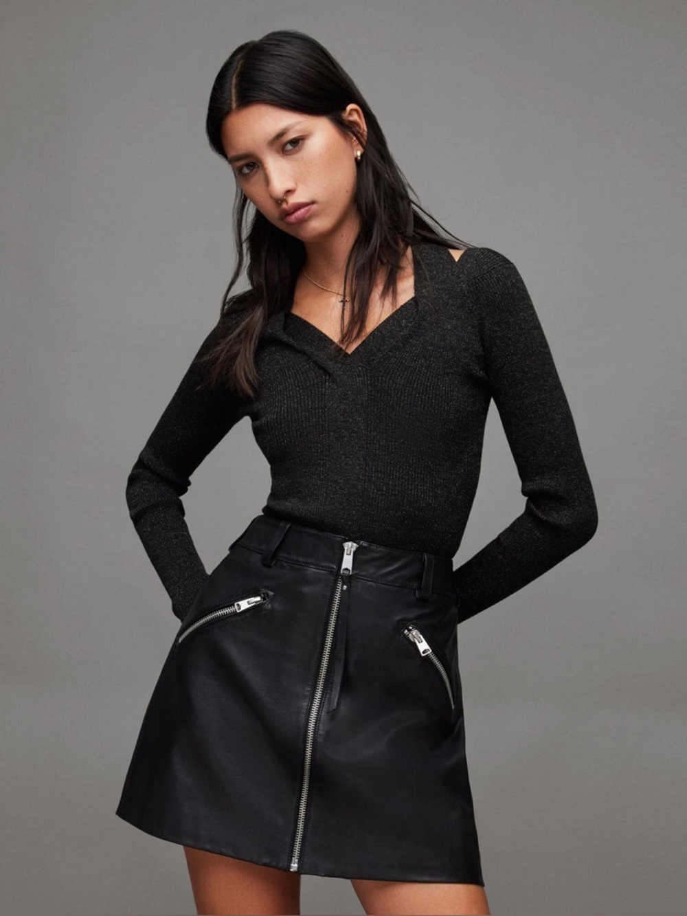 AllSaints Black Slim V-Neck Long Sleeve Top